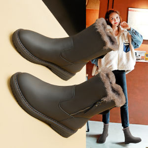 Trendy Winter Snow Boots Womens Fashionable All-Match Waterproof Anti-Slip Boots Thickened Warm Cotton Shoes Casual Mid-Calf PU Leather