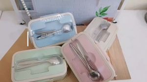 Tempat Makan Bekal Jerami Gandung Lunch Box Free Sumpit Sendok Stainless