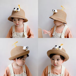 Adorable Childrens Straw Hat UV Protection Fishermans Cap Bamboo Dragonfly Design Large Brim Hat for Boys And Girls under 3