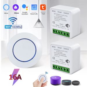 Tuya WiFi สมาร์ทสวิทช์ 16A RF 433 เมกะเฮิร์ตซ์รีเลย์ไร้สายตัวรับสัญญาณมินิรอบแผงสวิทช์ควบคุมเสียง Alexa Google Home Alice