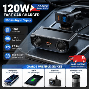 PH (Philippines Stock) 120W Car Charger Splitter with QC3.0 + 2PD Fast Charge 3-Way Ci-gar Lighter 12V-24V Socket Adapter with Dual USB 3.1A & LED Light