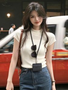PEIXI | Slimming Simple Style White Round Collar Summer Knitted T-Shirt