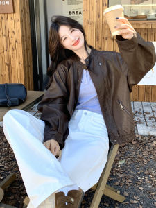 Café Brown Hong Kong Style Retro Fashionable Womens Leather Jacket Motorcycle Clothes PU Leather Coat Zipper Style Loose Fit