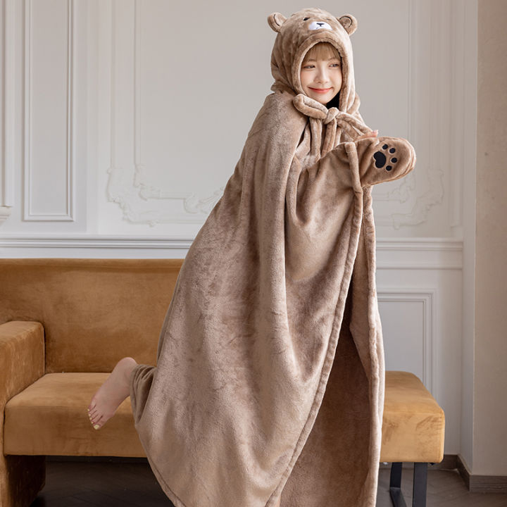 Bear Wool Hooded Blanket Winter Warm Blanket for Office Bedroom Living Room  Wearable Soft Blanket Shawl