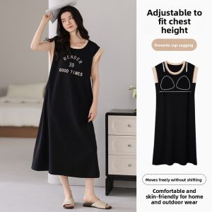 miiow | Pure Cotton Breathable Sleeveless Womens Nightgown Cat Person Home Clothes Sleepwear With Built-in Chest Pad Mid-Length