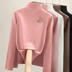 Womens Long Sleeve Double-sided Fleece Base Shirt Half High Collar Inner Wear Thermal T-shirt Commute Style Korean Version Slim Fit Polyester Fiber