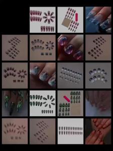 Bộ Móng Tay Giả Acrylic Ngắn Trung Bình Dán Liền Hình Vuông Hạnh Nhân Họa Tiết Hình Học Ánh Cực Quang Gradient Trái Tim Nhũ 24 Chiếc