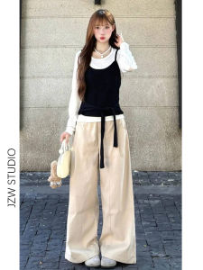 American Khaki High Waist Wide Leg Casual Pants Womens Autumn New Style Slimming Straight Floor-Length Trousers
