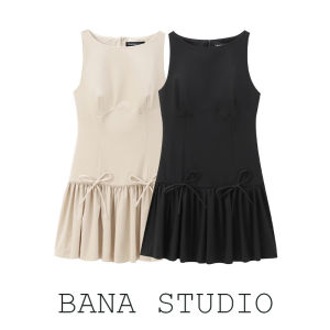Bana Spain Export Export Bows Pleated Sleeveless Dress Women Fall New Shift Dress Short Skirt
