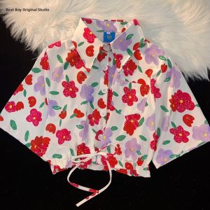 Floral Print Short Sleeve Shirt Womens Design Sensation French Drawstring Waist Cinched Cool Hot Girl Short Top Small Size