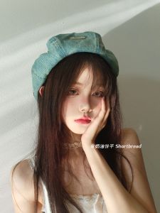 Retro Denim Beret Hat Womens Face Slimming Vintage Cloud Beret Cap Sweet Cute Style Winter No Brim Cotton round Top Hat