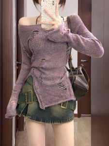 Purple off-Shoulder French Style Design Ripped Hollow-out Blouse Early Spring Thin Mohair Sweater Knitwear Tops