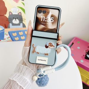 szhaiyu | Cute Cartoon Sausage Dog PU Leather Phone Case for Motorola Razr 70+ 70 60 50 Ultra Wrist Strap Hinge Protection Cover Women
