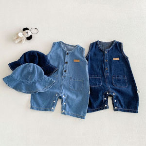2026 Baby Summer Rompers 3-24M Loose Boys Clothes Thin Toddler One Piece Solid Color Girls Denim Overalls + Hat