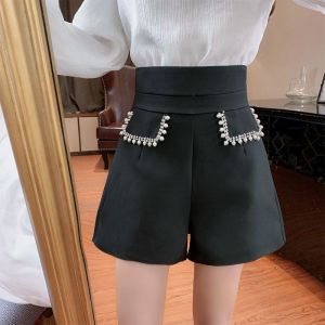 กางเกงขาสั้นทรงเอเอวสูงสไตล์เกาหลีประดับเพชร ทรงหลวม กางเกงขายาวทรงหลวมสบาย ๆ สำหรับผู้หญิงในช่วงฤดูร้อนปี 2025