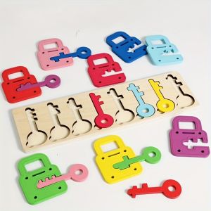 Wooden Color Lock & Key Matching Puzzle Set – 8-Color Shape Sorting Game Montessori Fine Motor Skills Toy Educational Desktop Puzzle for Toddlers Birthday & Christmas Gift
