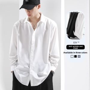 White Long Sleeve Mens Casual Shirt Loose Fit Anti-Wrinkle Ice Silk Premium Feeling Stylish Inner Wear for Autumn