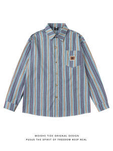 เสื้อเชิ้ตแขนยาวลายทางหลวมๆ สำหรับฤดูใบไม้ร่วง สำหรับผู้ชายและผู้หญิง คู่รัก แฟชั่นลำลอง ผ้าฝ้าย ไม่ต้องรีด ปักลาย ปกเสื้อ