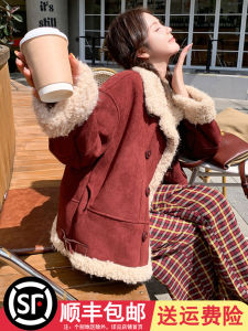 แจ็คเก็ตขนแกะสีแดงคริสต์มาสย้อนยุคสำหรับผู้หญิง แจ็คเก็ตผ้าฝ้ายหนาปิดซิปแบบสวมหัวแขนยาวฤดูหนาว ปกขนสัตว์ ทรงหลวม