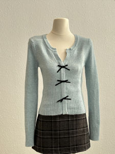 Korean Style Long Sleeve Knitted Top Womens Fashion V-neck Butterfly Knot Slimming Inner Wear Elegant Small Shirt