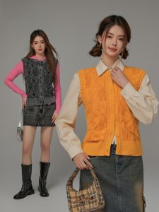 Chuu round Neck Twisted Knitted Vest Womens Sleeveless Pure Color Open Cardigan Top Cotton 100% Commute Style Single Button