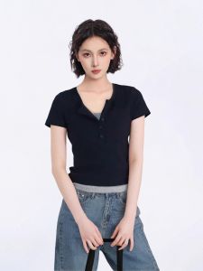 BAIDAIFEI | V-Neck Illusion Layered Short Sleeve T-Shirt Slim Fit Short Design Summer Wear