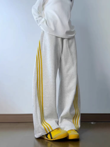 กางเกงขายาวทรงตรงผ้าไนลอนสไตล์อเมริกันสำหรับผู้หญิง กางเกงขายาวทรงตรงลำลองบาง 3 แถบ ฤดูใบไม้ผลิและฤดูใบไม้ร่วง