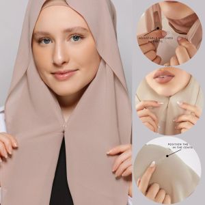 Chiffon Instant Hijab With Bulit-in Magnets Muslim Woman Hijab Solid Color Easy To Wear Shawl Wrap With Undercap Famme Headscarf