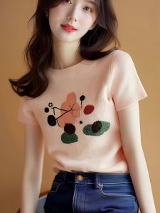 Pink Ice Silk Knitted Short Sleeve T-Shirt Womens Fashionable Summer Top Sweet Style Slim Fit round Neck Regular Length