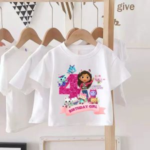 Bandai | Girls White Pink Cotton Short Sleeve T-Shirt Gabbys Dollhouse Birthday Number Casual Top for Summer Party