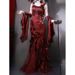 New Year Cosplay Red Rose Dress Elegant Goddess Tail Skirt Lolita Style Fashionable Womens Clothing Accessories