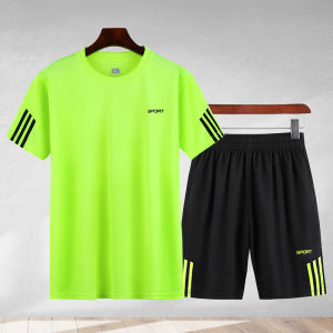 Sports Suit Mens Summer Casual Two-Piece Suit Workout Clothes Morning Running Quick Drying Clothes Loose Crew Neck T-shirt Short Sleeves