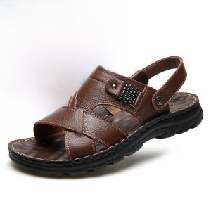 SHIPAILUO | New 2025 Mens Sandals Breathable Leather Beach Shoes Anti-slip Casual Large Size Soft Bottom Slippers Comfortable Dad Shoes
