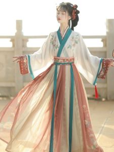 Adult Womens Hanfu Spring Summer New Style Jin Dynasty Collar Embroidered Waistcoat Slim Fit Dress Set Chinese Traditional Clothing