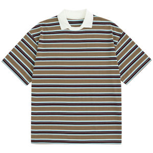 UrbanStandard Japanese Style Striped Polo Neck T-Shirt Mens Summer Loose Retro Versatile Casual Top Breathable Cotton Blend Fabric