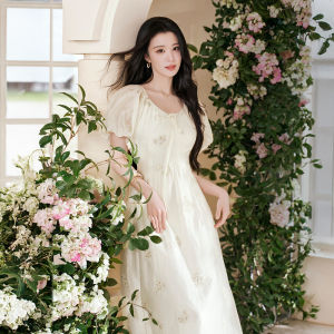XIANGYING | Floral Embroidery Fitted Waist Pleated Puff Sleeve Womens Summer Dress White