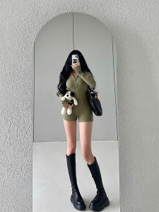 YoungGirlDay Mid-Waist Knitted Jumpsuit with Shorts Slimming Style European and American Fashion Long Sleeve Solid Color