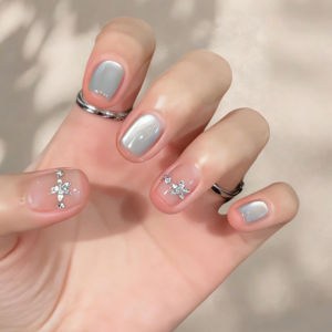 24Pcs Cats Eye Simple Glitter Blue Nail Tips Short Square Head Design Press on Fake Nails with Diamond Cute False Nails Set