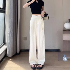WANGGONGZHU | New Chinese Style Narrow Wide Leg Pants Women Summer Thin Ice Silk Casual Long Trousers Princess High Waist Straight Cut Pants