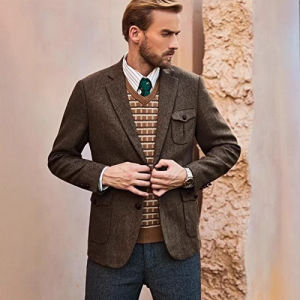 Autumn/Winter Mens Suit Brown Herringbone Blazer Prom Tuxedos Wool Tweed Notch Lapel Two Buttons Bussiness/Wedding Jacket Tops