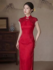 Wedding and Banquet Red Lace Short Sleeve Cheongsam Dress