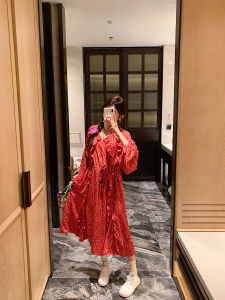 Pink Daisy V-neck Red Dress Waist-cinching Skirt Design Fashionable Oversized Long Sleeve Floral Print Midi Dress Korean Style