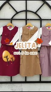 JELITA SETELAN 3IN1 ANAK PEREMPUAN KEKININ SET INNER KAOS COTTON MIX ROK ROMPI SOF JEANS TERBARU