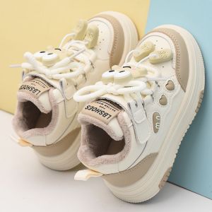 Cartoon Fleece Lined Childrens Sports Shoes Winter Thickened Rubber Sole round Toe Flat Heel Girls Shoes Leather Patchwork