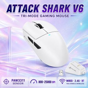 ATTACK SHARK | ATTACK SHARK V6 Ergonomic Tri-Mode Gaming Mouse PAW3311 800‑25000DPI BK52820 MCU 65±3g 400IPS 40G OMRON for PC Laptop Setup