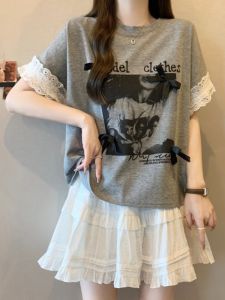 AIYITI | Plus Size Fashionable Gray Short Sleeve T-shirt with Bow and Lace