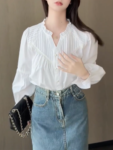 QINGNAER | Elegant French Pleated Simple Long Sleeve Womens Blouse