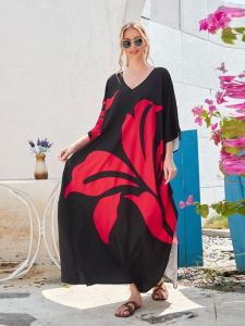 กระโปรงยาวผู้หญิงแขนสั้นคอวีพิมพ์ลายหลวมๆ สไตล์สตรีท กระโปรงยาวปานกลางฤดูร้อน ผ้าฝ้ายผสมโพลีเอสเตอร์