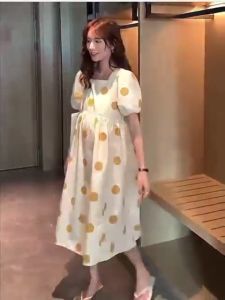 ชุดคลุมท้องสไตล์เกาหลี ชุดคลุมท้องลายจุดสีเหลืองพาสเทล แฟชั่นใหม่ ลายน่ารัก ผ้าใส่สบาย ชุดกระโปรงพิมพ์ลาย
