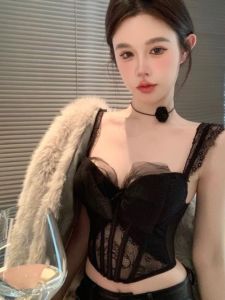 หวาน สไตล์ ลูกไม้ ปมผีเสื้อ ตาข่าย สั้น เสื้อกล้าม ผู้หญิง ฤดูใบไม้ผลิ ฤดูร้อน สลิมฟิต เสื้อตัวใน Pure Desire เซ็กซี่